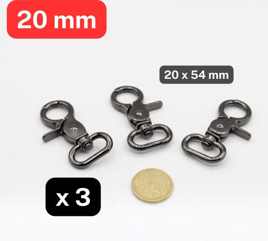3 Stuks MUSKETONHAKEN KARABIJNHANGERS SLEUTELHANGERS Voor Linten van 20MM Voor MODE RUGZAKKEN Prima Kwaliteit Kleur GUN METAL