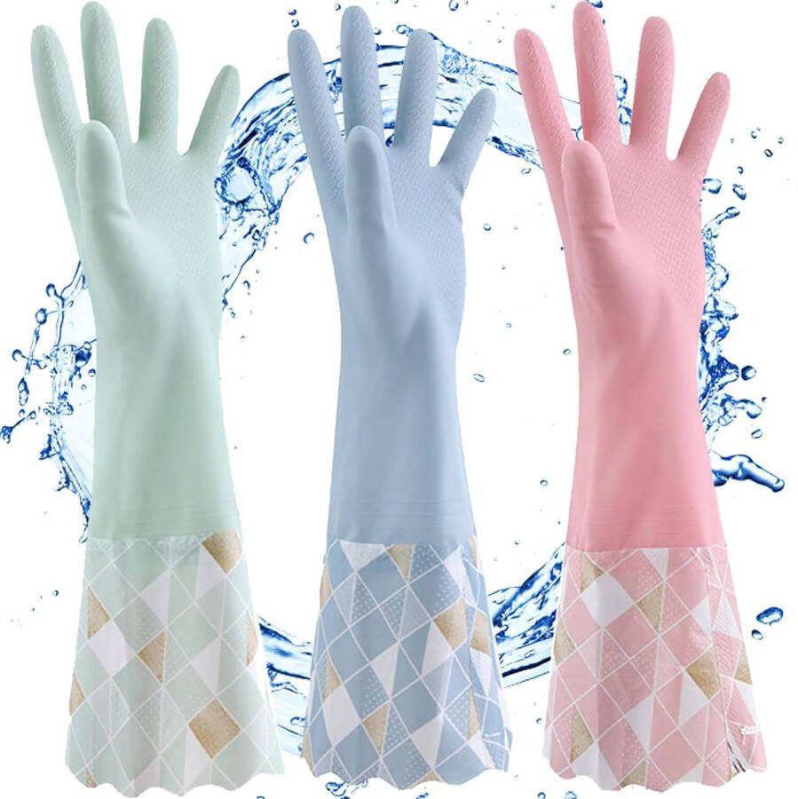 3 Stuks PVC huishoudelijke schoonmaakhandschoenen non-slip afwashandschoenen met katoenen voering herbruikbare waterdichte huishoudelijke afwashandschoenen (bleu+ vert+ rose)