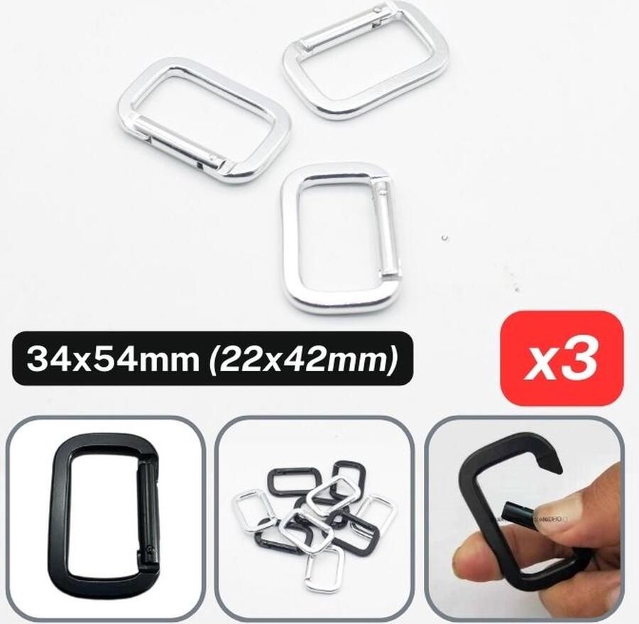 3 Stuks RECHTHOEKIGE METALEN KARABIJNHAKEN MUSKETONHAKEN Binnenmaten 22MMx42MM Buitenmaten 34MMx54MM Kleur ZILVER