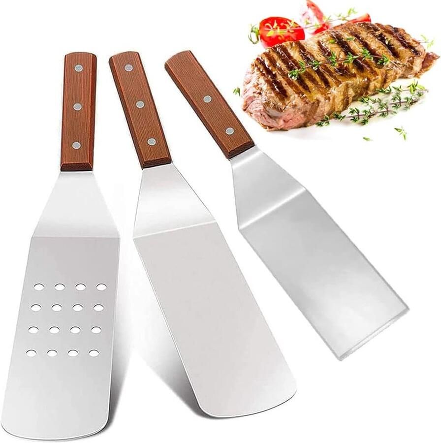 3 stuks roestvrijstalen spatel grillspatel set van roestvrij staal grillspatel met houten handvat anti-aanbak anti-roest houten handvat voor barbecue keuken outdoor koken teppanyaki