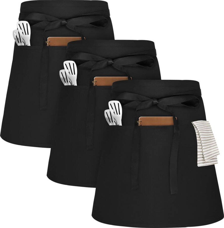 3 stuks schort met 3 zakken kelnerschort waterdicht half schort voor mannen en vrouwen keukenschort restaurantschort grillschort 70 x 45 cm (zwart) zwart