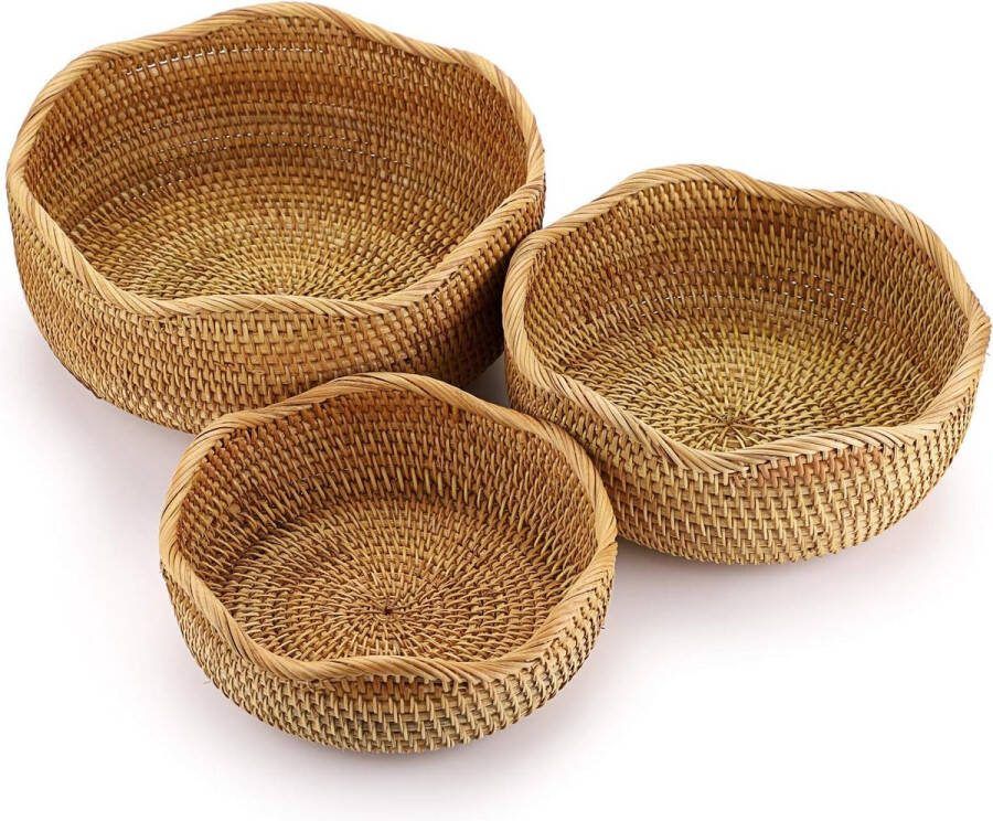 3 stuks serveermand fruitmand rieten mand opbergruimte voor koekjes brood fruit (rond golf)