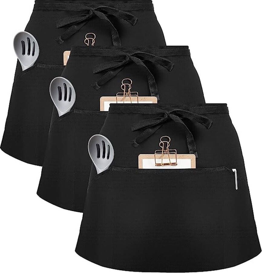 3 stuks voorbindschort taillerschort met 3 zakken kelnerschort bistroschort kookschort bakschort voor restaurant bar (zwart katoen)