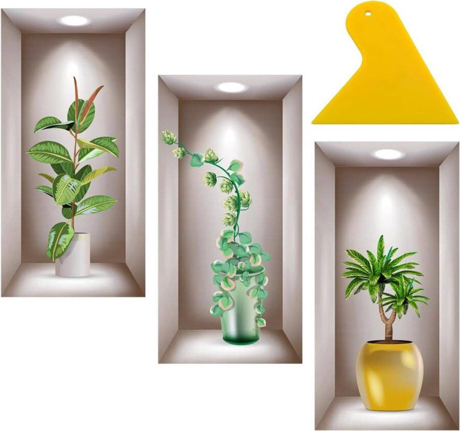 3 stuks woonkamer-muurstickers met 1 schraper driedimensionale potplanten muurstickers wanddecoratiestickers plantenvazen muurschildering
