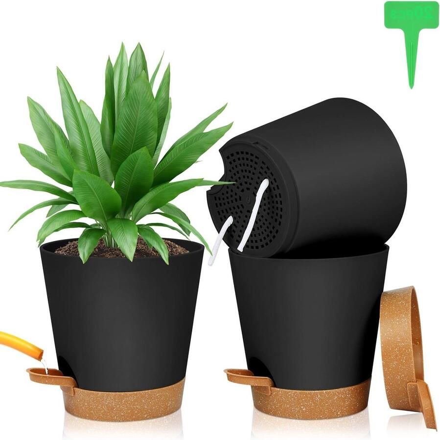 3 stuks zelfbewaterende kunststof bloempotten met plantenlabels 165 x 17 cm met onderzetter binnen- en balkonplanten irrigatiesysteem