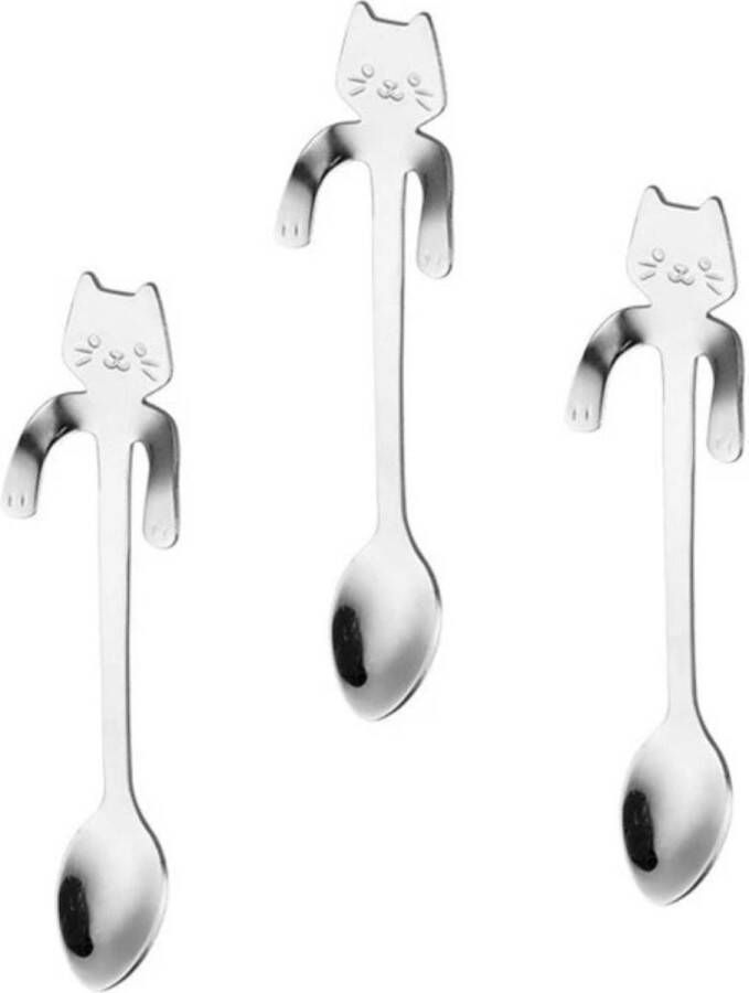 3 Theelepels Hangende Kat Koffielepel RVS