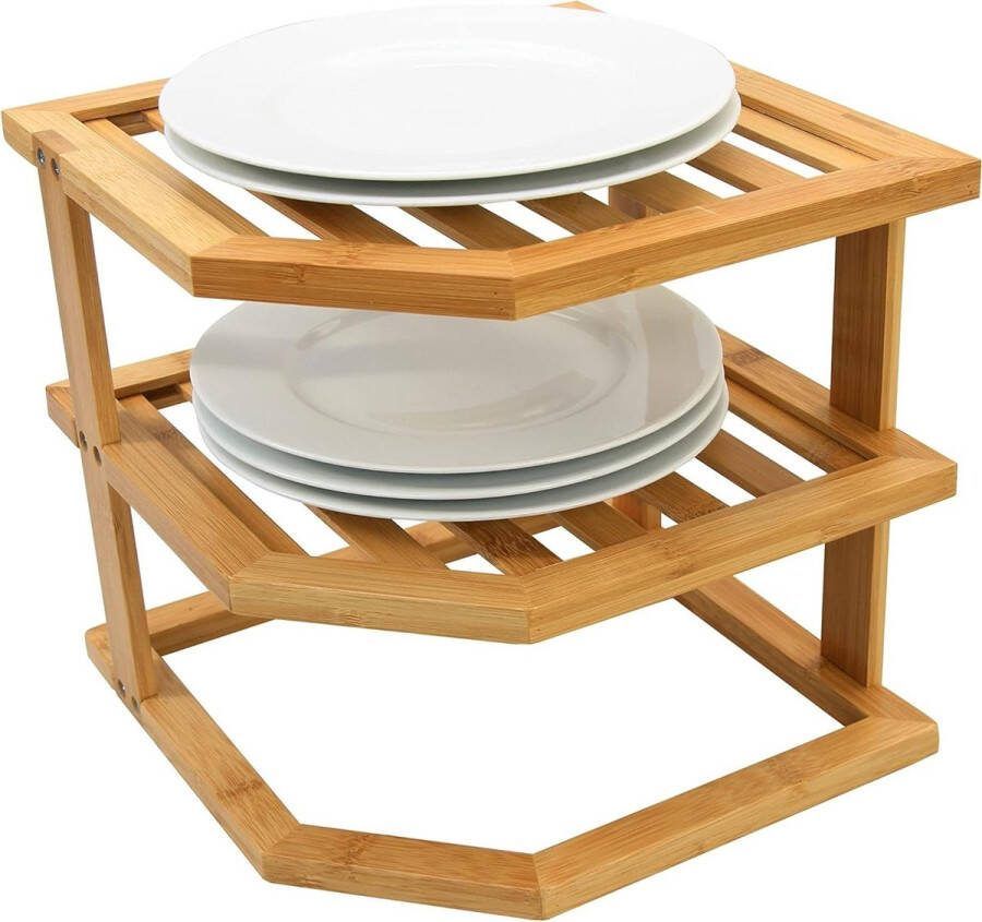 3 Tier Hoek Plank Bordenrek van Natuurlijk Bamboe voor Keuken Organisatie bordenrek