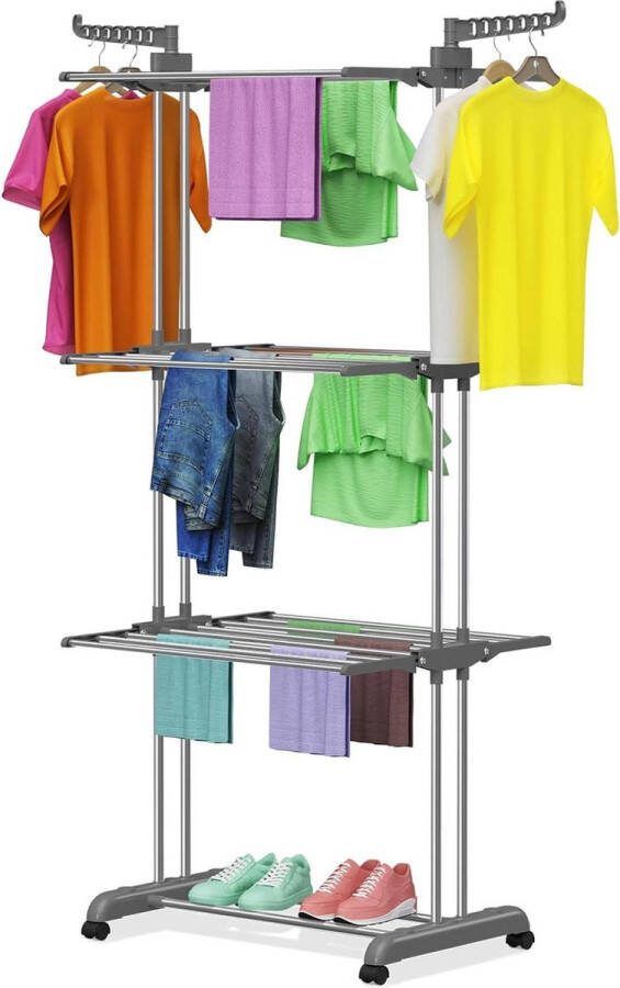 3 Tier Opvouwbaar Rolling RVS Wasdroger Hanger Grijs Binnen Met Wielen