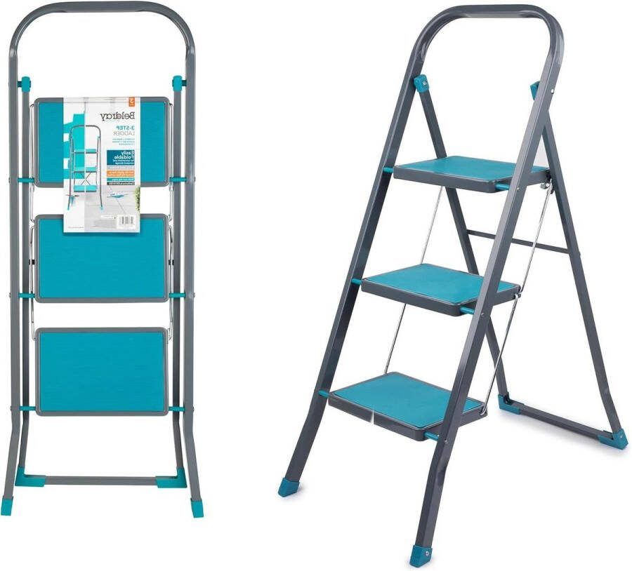 3-trapladder met antisliptreden duurzaam en stevig reikhoogte van ca. 25 meter veiligheidsclip turkoois grijs Ladder Feet