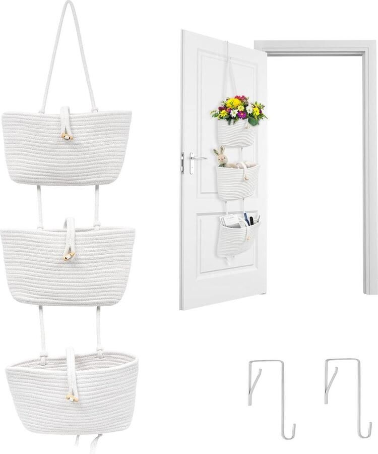 3-traps deur-wandorganizer hangende mand hangmand van katoenen touw geweven met 2 deurhaken multifunctionele hangorganizer wandmand voor woonkamer slaapkamer badkamer kinderkamer