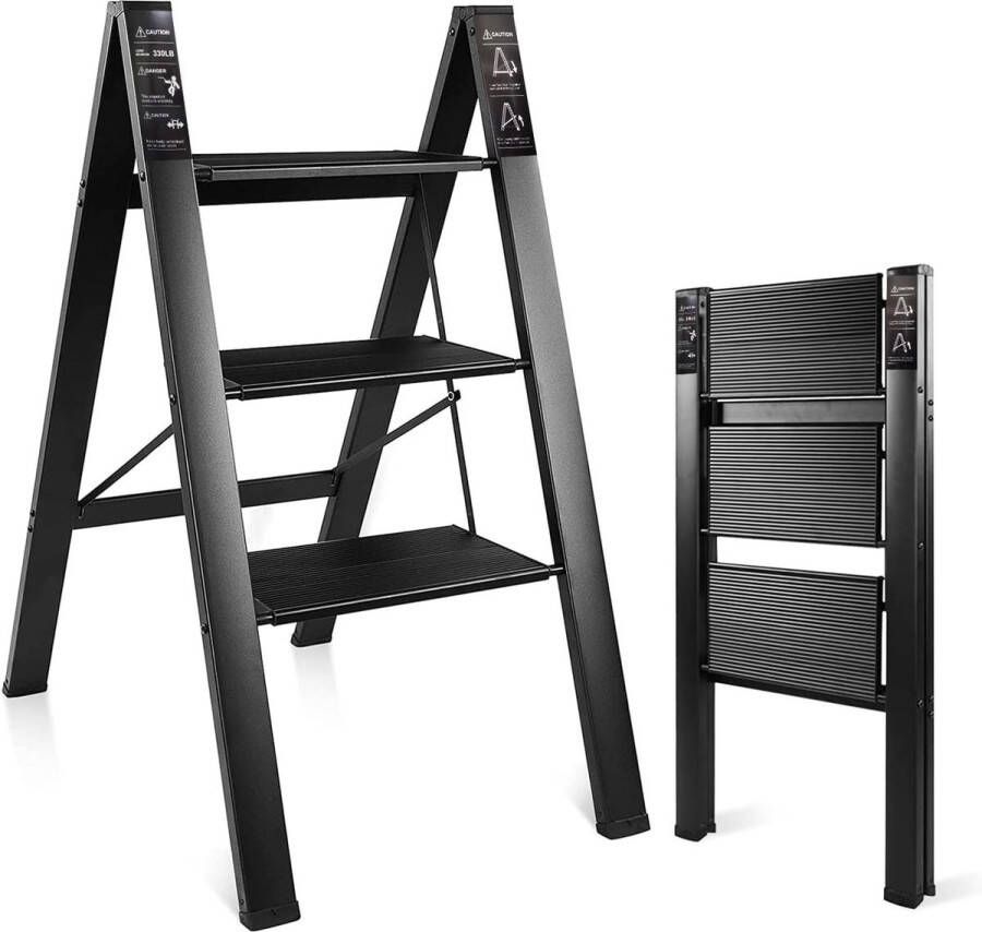 3-traps ladder praktische vouwladder brede treden te gebruiken als plank 150 kg draagvermogen zwart