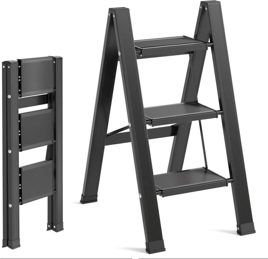 3 treden aluminium inklapbare trapladder draagbare antislip huishoudladder opvouwbare multifunctionele ladder voor keuken en badkamer camping tot 150 kg Trapladder