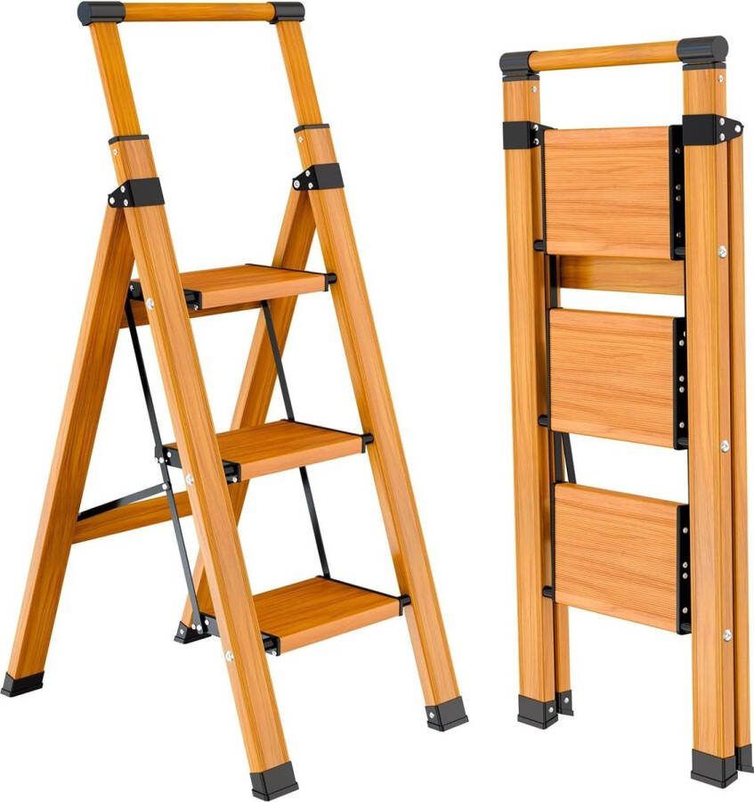 3-treden inklapbare antislip huishoudladder Trapladder met uittrekbare leuning Multifunctionele ladder Houtnerf aluminium vouwladder Belastbaar tot 150 kg Trapladder