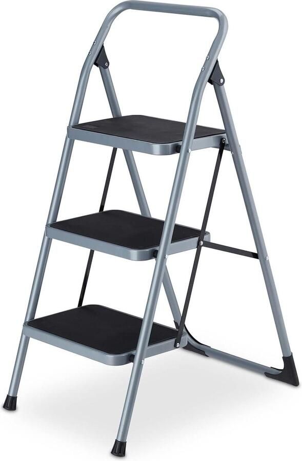 3-treden inklapbare huishoudtrap tot 150 kg belastbaar antislip veilig en compact opvouwbare keukentrap van staal in grijs