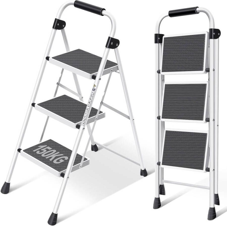 3 treden ladder vouwladder met antislip en breed pedaal kleine ladder met handgreep robuuste stalen ladder lichte en draagbare trapladder wit