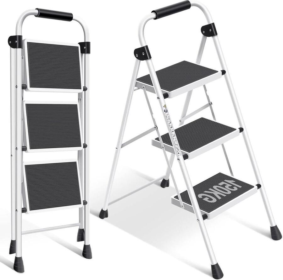 3-Treden Trapladder met Leuning Draagbare Vouwladder Antislip Voeten Breed Trapje Lichte Opstapkruk Inklapbaar Stabiel Huishoudtrap voor Thuis Keuken Kantoor Wit Trapladder