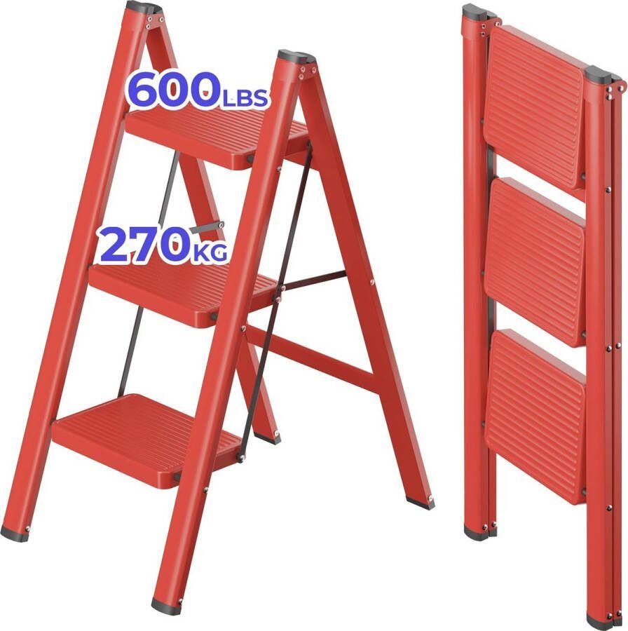 3 treden vouwladder trapladder antislip rubberen matten verbrede antislip trede tot 150 kg belastbaar van staal voor huishouden kantoor rood
