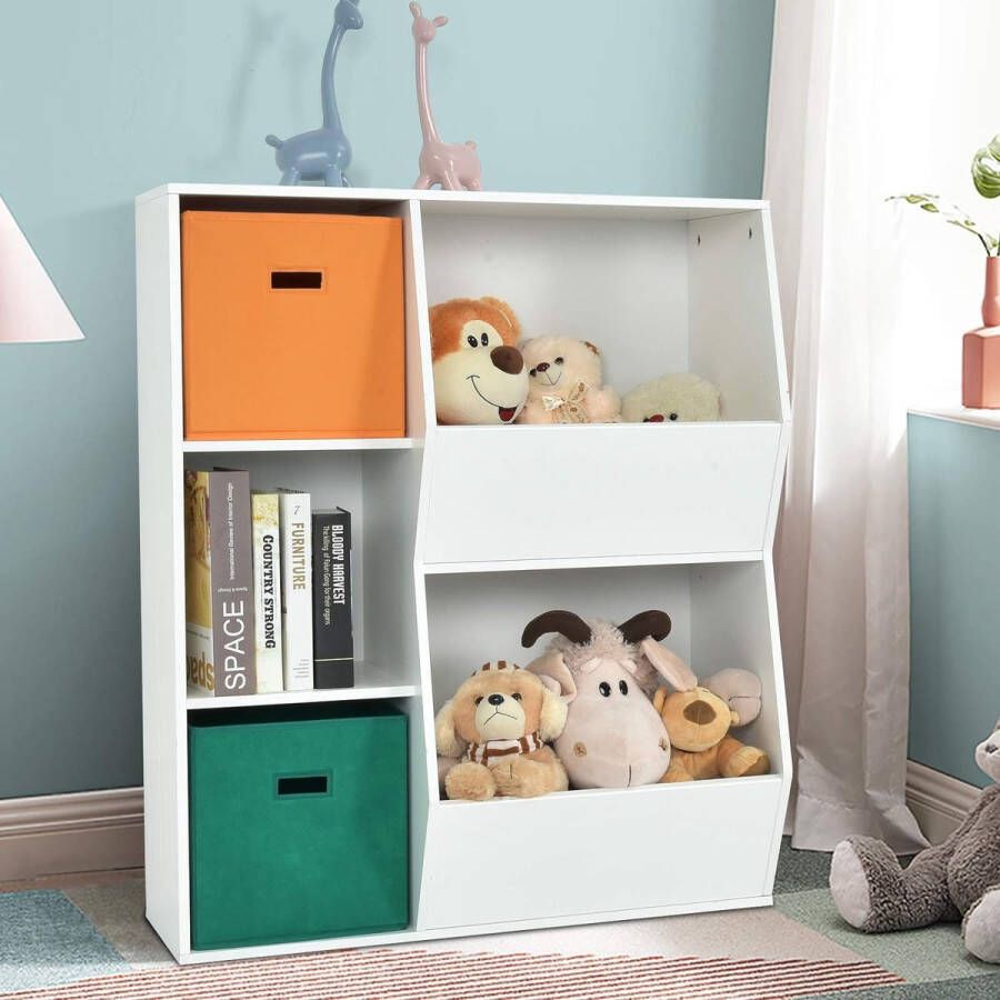 3 verdiepingen kinderrek met 2 extra manden modern vloerrek voor boeken speelgoed poppen opbergrek met 5 vakken voor kinderkamer woonkamer (wit)