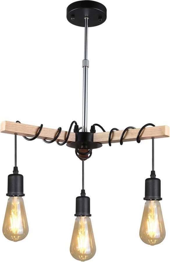 3-vlammige industriële houten kroonluchter moderne E27-hanglamp verstelbaar voor eetkamer en woonkamer zwart houtkleur