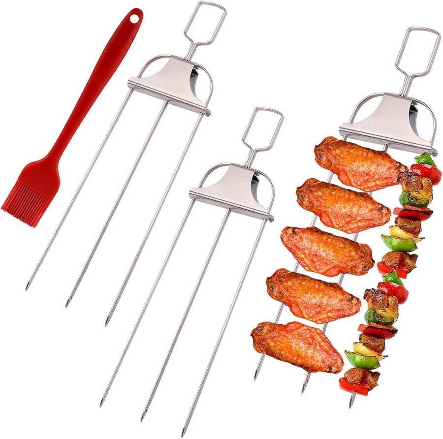3-weg roestvrij staal grillspiesjes met duwstang set van 3 inclusief borstel en zak herbruikbare BBQ spiesjes voor vlees groenten kip worstjes BBQ accessoires