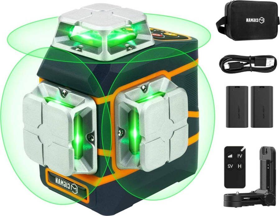 3 x 360 graden groene zelfnivellerende laserwaterpas verwisselbare oplaadbare batterijen instelbare helderheid bouwlaser CM-801