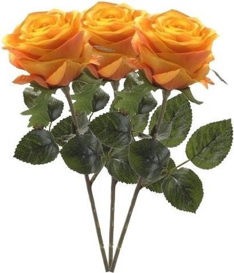 Bellatio Flowers & Plants 3 x Geel oranje roos Simone steelbloem 45 cm Kunstbloemen