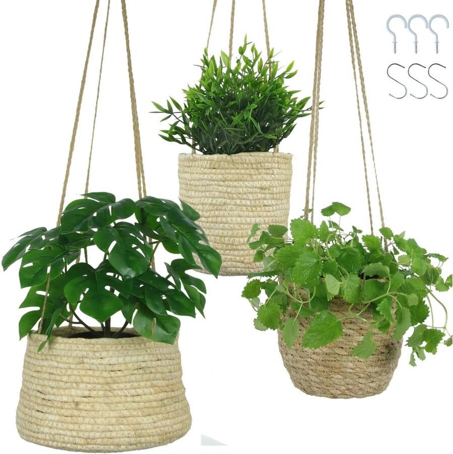 3 x hangende bloempot hangende mandenset natuurlijk als hangmand hangende mand voor binnen boho-decoratie of opbergmand 17-20 cm