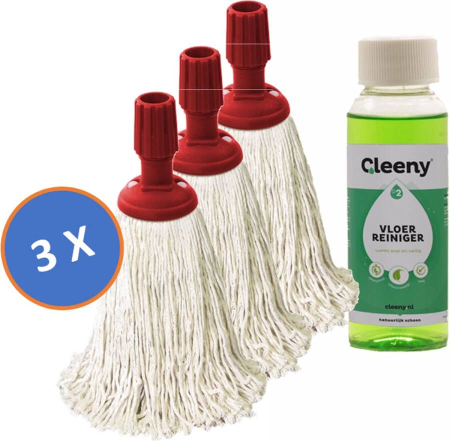 3 x Professionele Dweilmop Mini Mop Spaanse Mop 250 gram Katoen Met Standaard Steelverbinding & Gratis Cleeny Vloerreiniger