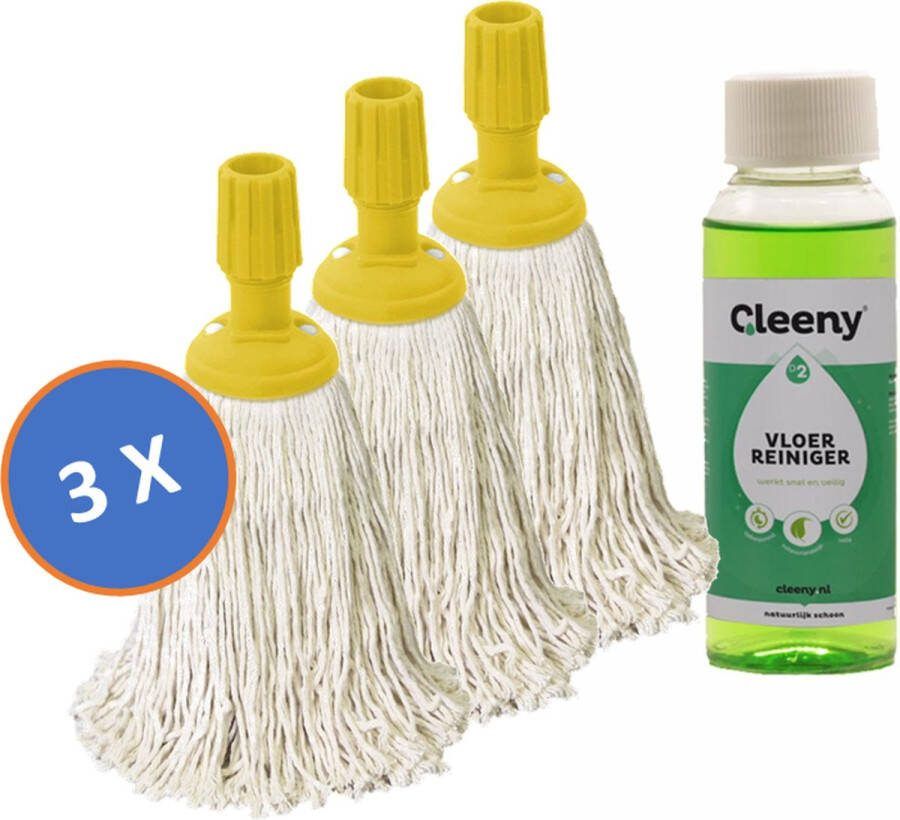 3 x Professionele Dweilmop Mini Mop Spaanse Mop 250 gram Katoen Met Standaard Steelverbinding & Gratis Cleeny Vloerreiniger