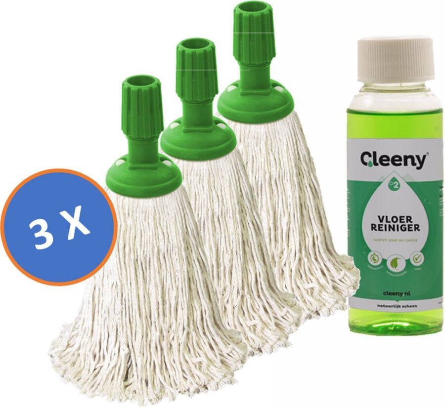 3 x Professionele Dweilmop Mini Mop Spaanse Mop 250 gram Katoen Met Standaard Steelverbinding & Gratis Cleeny Vloerreiniger