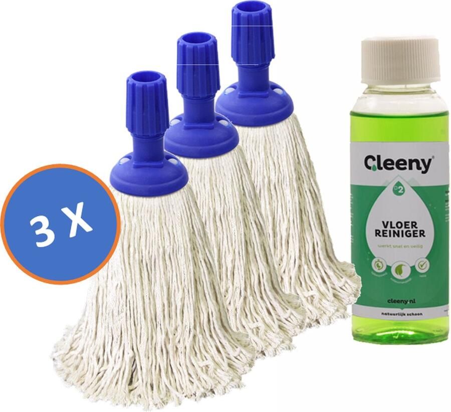 3 x Professionele Dweilmop Mini Mop Spaanse Mop 250 gram Katoen Met Standaard Steelverbinding & Gratis Cleeny Vloerreiniger