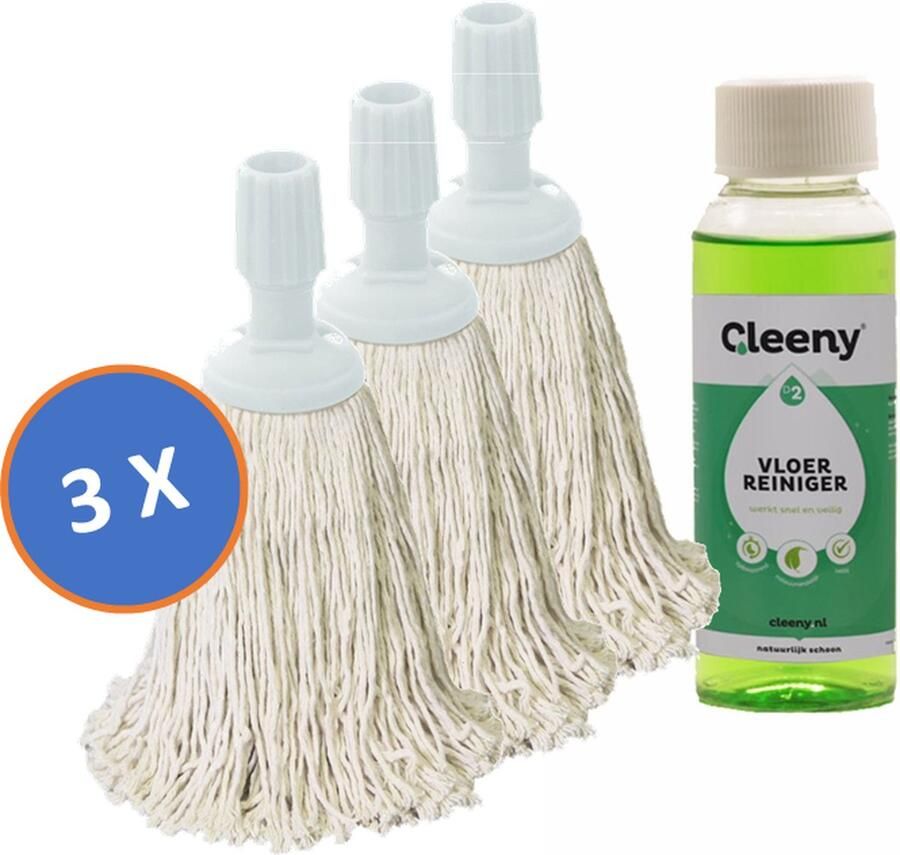 3 x Professionele Dweilmop Mini Mop Spaanse Mop 250 gram Katoen Met Standaard Steelverbinding & Gratis Cleeny Vloerreiniger