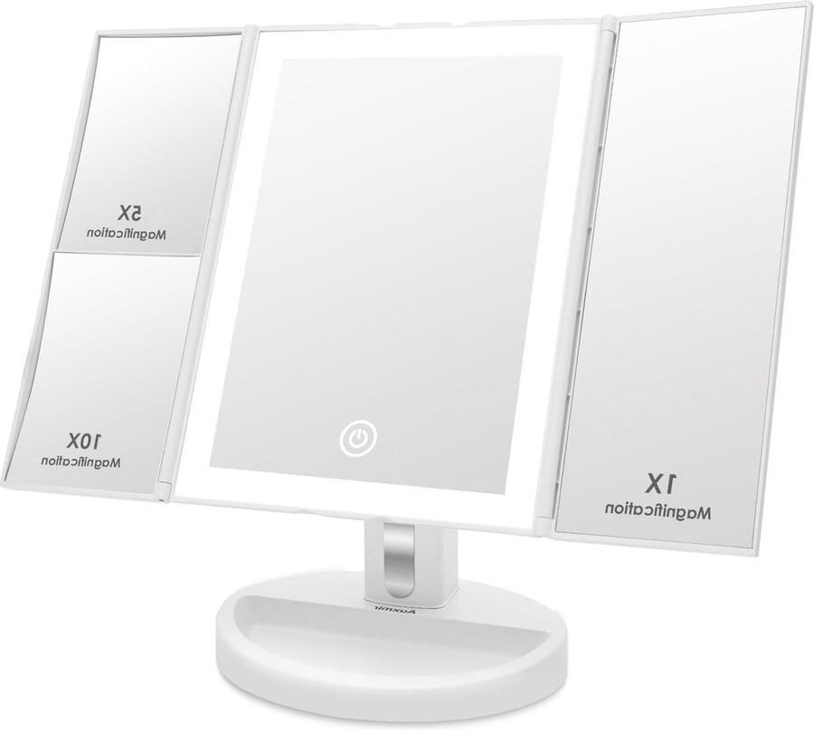 3-Zijdige Make-up Spiegel met LED-Verlichting Touchscreen 1x 5x 10x Vergroting Werkt op Batterijen en USB Cosmetische Spiegel (Wit)