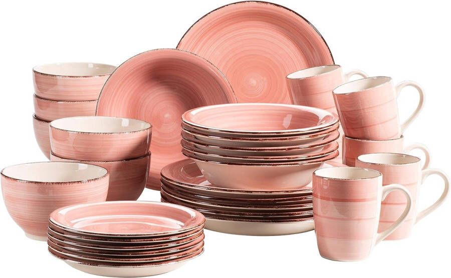 30-delig vintage serviesset voor 6 personen handbeschilderd keramisch combiservies in roze aardewerk