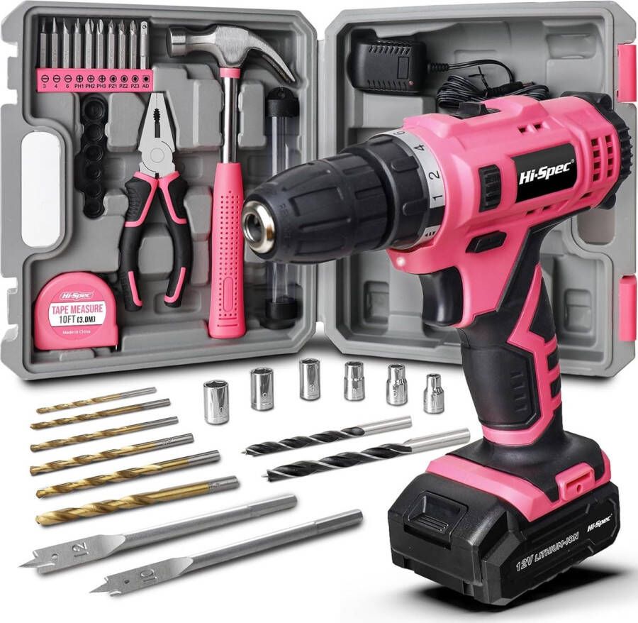30-delige Roze 12V Accu Boor Driver & Huishoudelijke DIY Gereedschapset. Snelle accuboormachine en schroevendraaier met essentiële DIY handgereedschap & accessoires