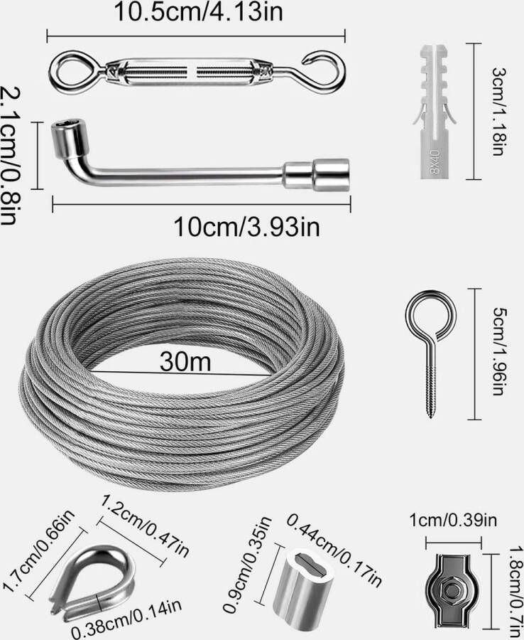 30 m Φ 3 mm staalkabelset staalkabelspandraad 304 roestvrij staal staalkabel bedekt met oogjes touwspanset spanschroef voor gordijntouw waslijn lichtslinger