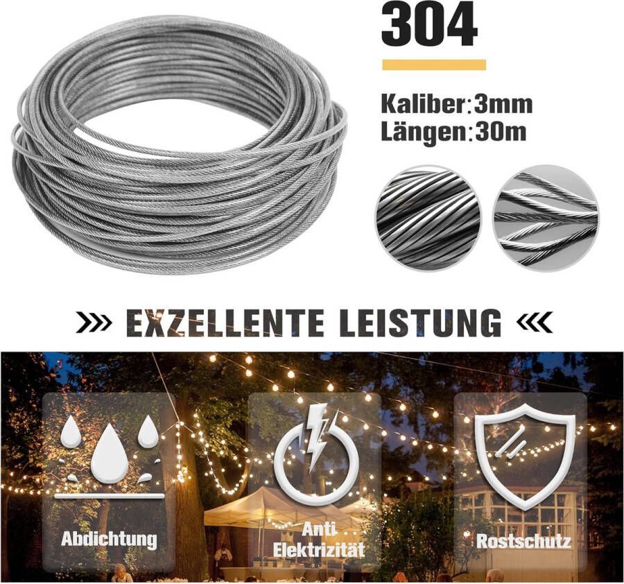 30 m staalkabel 304 roestvrij stalen kabel 3 mm staalkabel met ogen kit voor lichtophanging waslijn klimhulp voor klimplanten