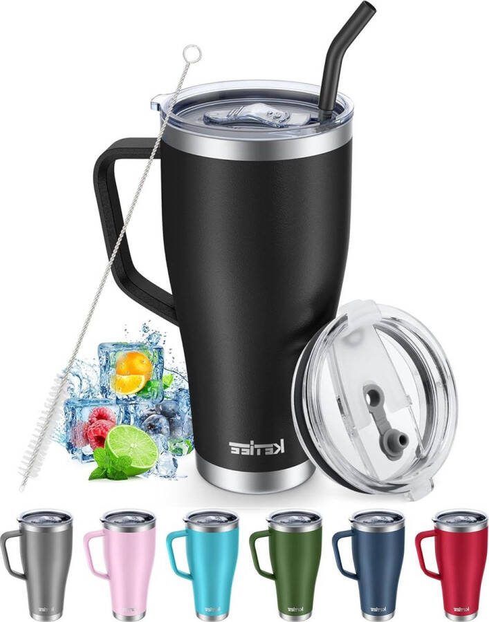 30 oz reismok met rietje en deksel geïsoleerde koffiebeker voor warme en koude dranken zwart