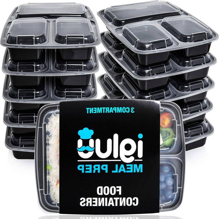 30 Pieces BPA Free Reusable Meal Prep Containers with 3 Compartments Plastic Food Containers with Airtight Lids Microwave Freezer and Dishwasher Safe Stackable Bento Box (900ml)