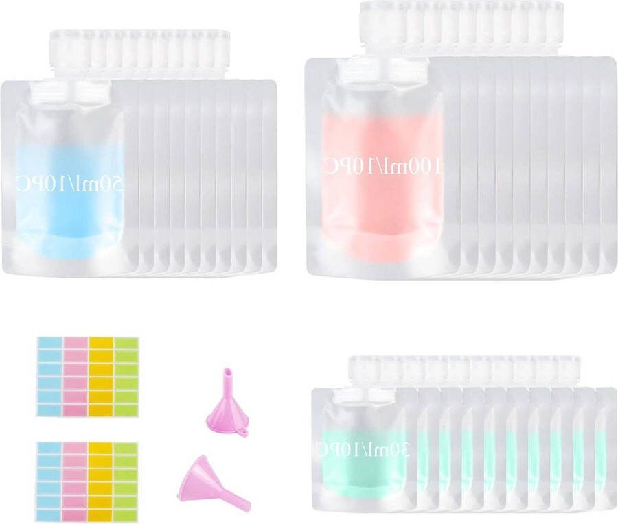 30 stuks navulbare lege knijpzakken 30 50 100 ml reisflessen doorzichtige set lekvrij reismaten cosmeticacontainer toiletartikelen reisflesjes 100ml