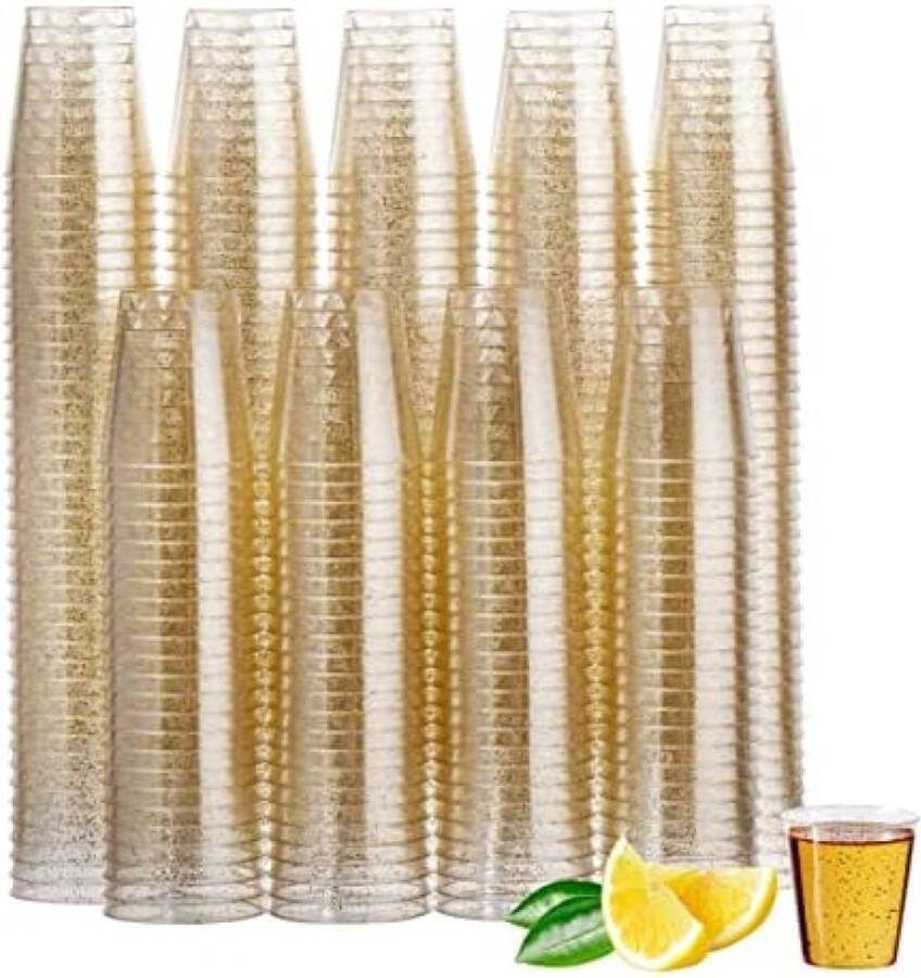300 Plastic Shotglaasjes Transparante Shotglazen met Gouden Glitter (30ml) Borrelglaasjes voor Bruiloften Verjaardagen Kerst & Feesten Stevig & Herbruikbaar
