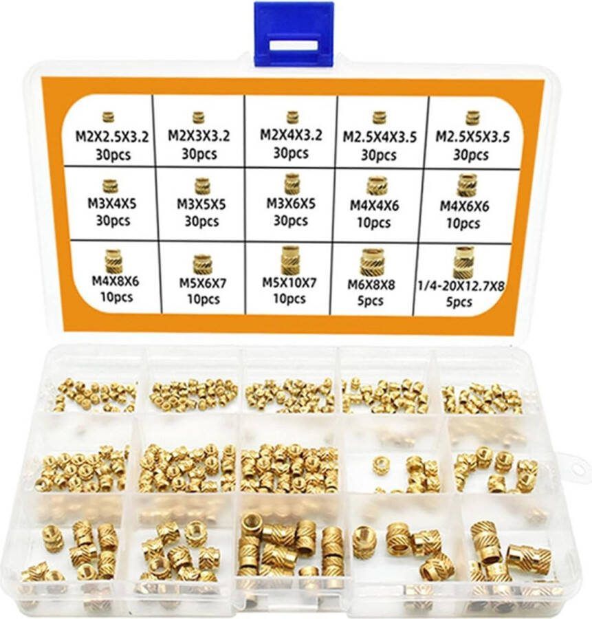 300 stuks schroefdraadinzet M2 5 M3 M4 M5 M6 inpersmoeren messing schroefdraadbussen binnenschroefdraad kartelmoeren met sorteerdoos voor kunststof onderdelen in door verwarming of ultrasoon geluid in 3D-printer