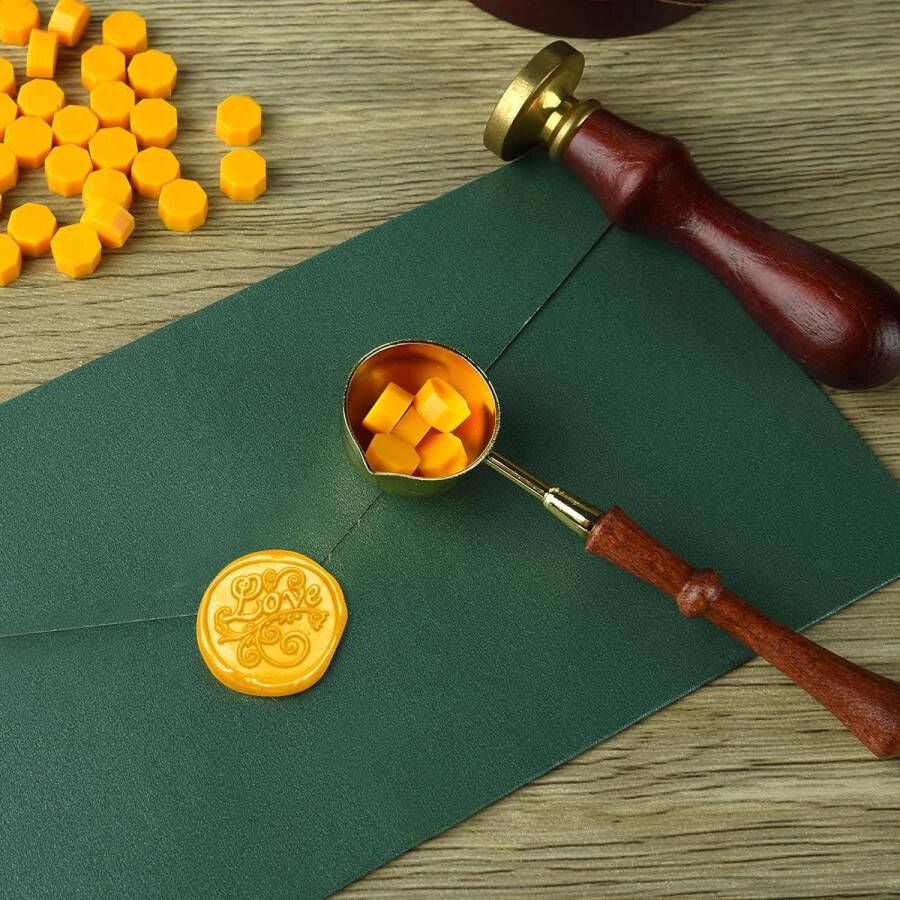 300 stuks zegelwas middelgeel zegelwaskralen met 1 smeltlepel achthoekige waszegelset voor uitnodigingen kaarten enveloppen wijnpakketten geschenkverpakkingen