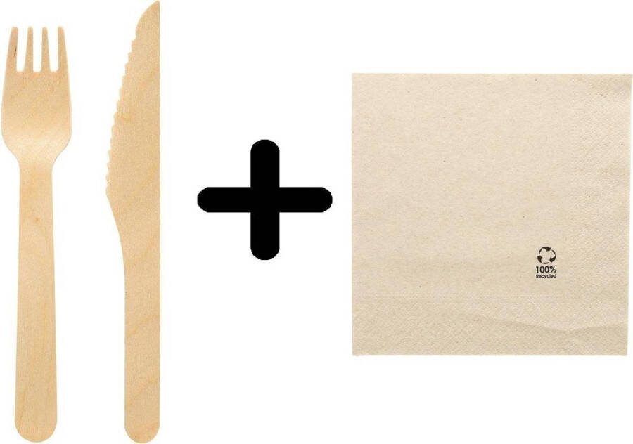 300 x Houten wegwerp bestek set 16 cm bio eco milieubewust FSC 100 Vorken 100 messen + 100 servetten 33x33cm Ecolabel