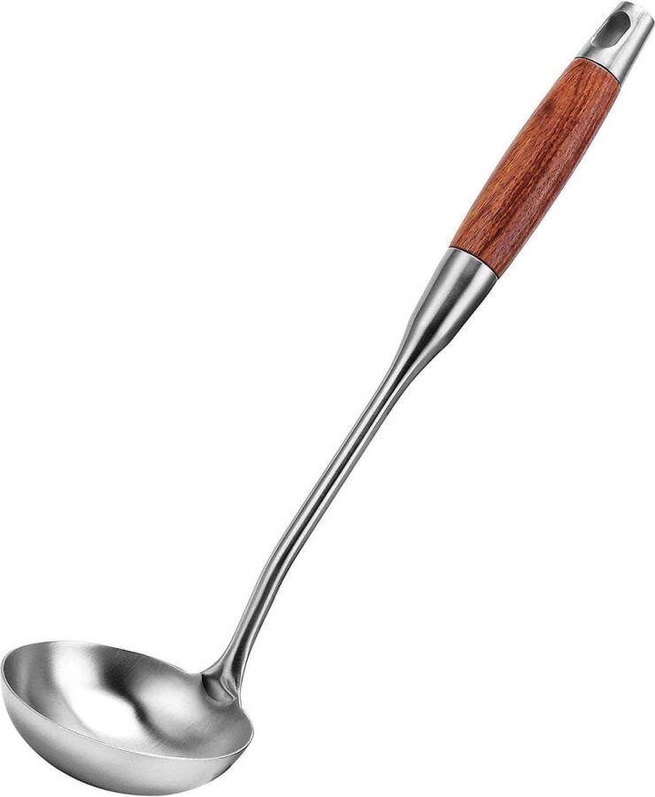 304 roestvrijstalen soeplepel professionele robuuste keukenschep met hittebestendig houten handvat grote lange soeplepel voor soepen stoofschotels jus saladedressing saus 13 8 inch