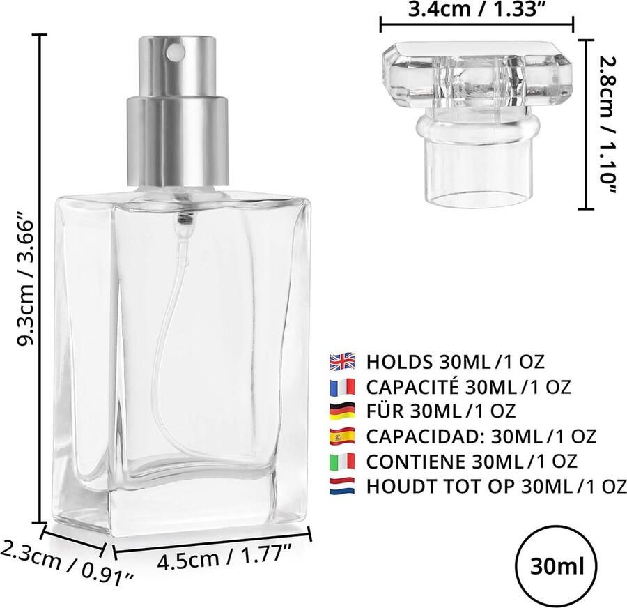 30ml Lege Hervulbare Parfum Helder Glazen Verstuiver Spray Flesjes (8Pak) Transparante Vierkante Flesjes met Zilveren Pompje Mee op Reis te Nemen Essentiele Oliën Aftershave en Cologne
