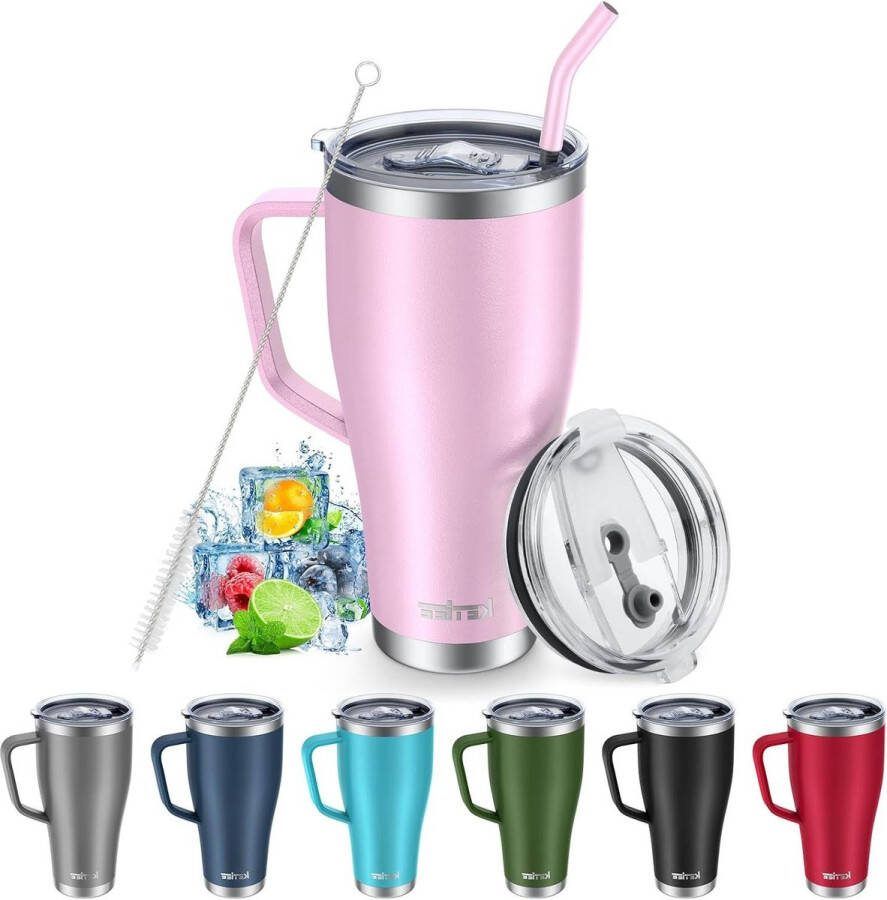 30oz roestvrij stalen vacuüm reiskoffiemok roze met handvat rietje en 2 deksels
