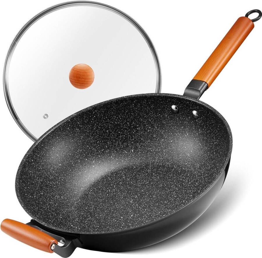 33 cm inductie wokpan met deksel anti-aanbak-braden-wokpan geschikt voor alle warmtebronnen graniet