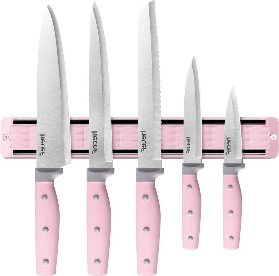 33-cm Magnetische Messenstrip 5-delige Scherpe Messenset Keukenmessenset Roestvrijstalen Snijmessenset Professionele Koksmessenset Vlees & Groente Snijden Roze