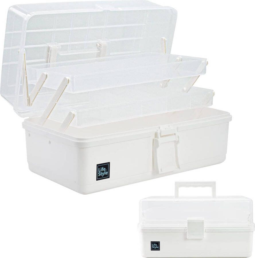 33 cm multifunctionele opbergdoos met 3 planken sorteerdoos organizerdoos knutseldoos doos koffer gereedschapskist koffer met 2 planken (wit)